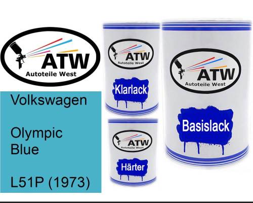 Volkswagen, Olympic Blue, L51P (1973): 500ml Lackdose + 500ml Klarlack + 250ml Härter - Set, von ATW Autoteile West.